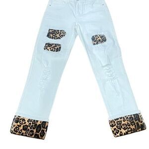 L&B Lucky & Blessed White Denim Jeans With Leopard Print Cuff Size 6